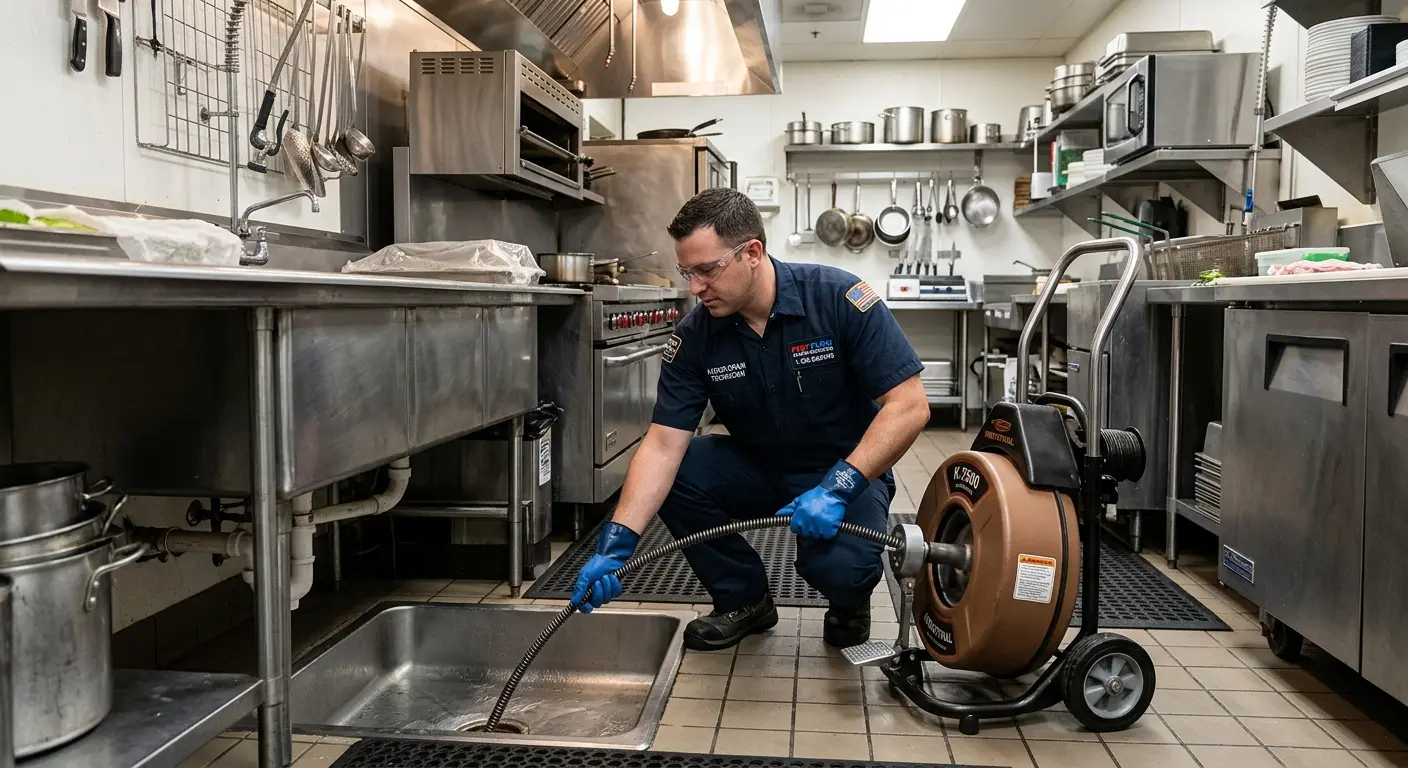 Commercial drain cleaning service in a restaurant kitchen in Brooksville
