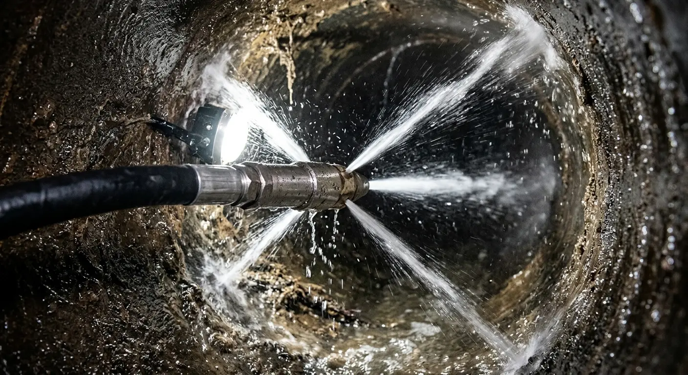 High-pressure hydro jetting nozzle cleaning sewer pipe for Emergency Drain Service in Brooksville