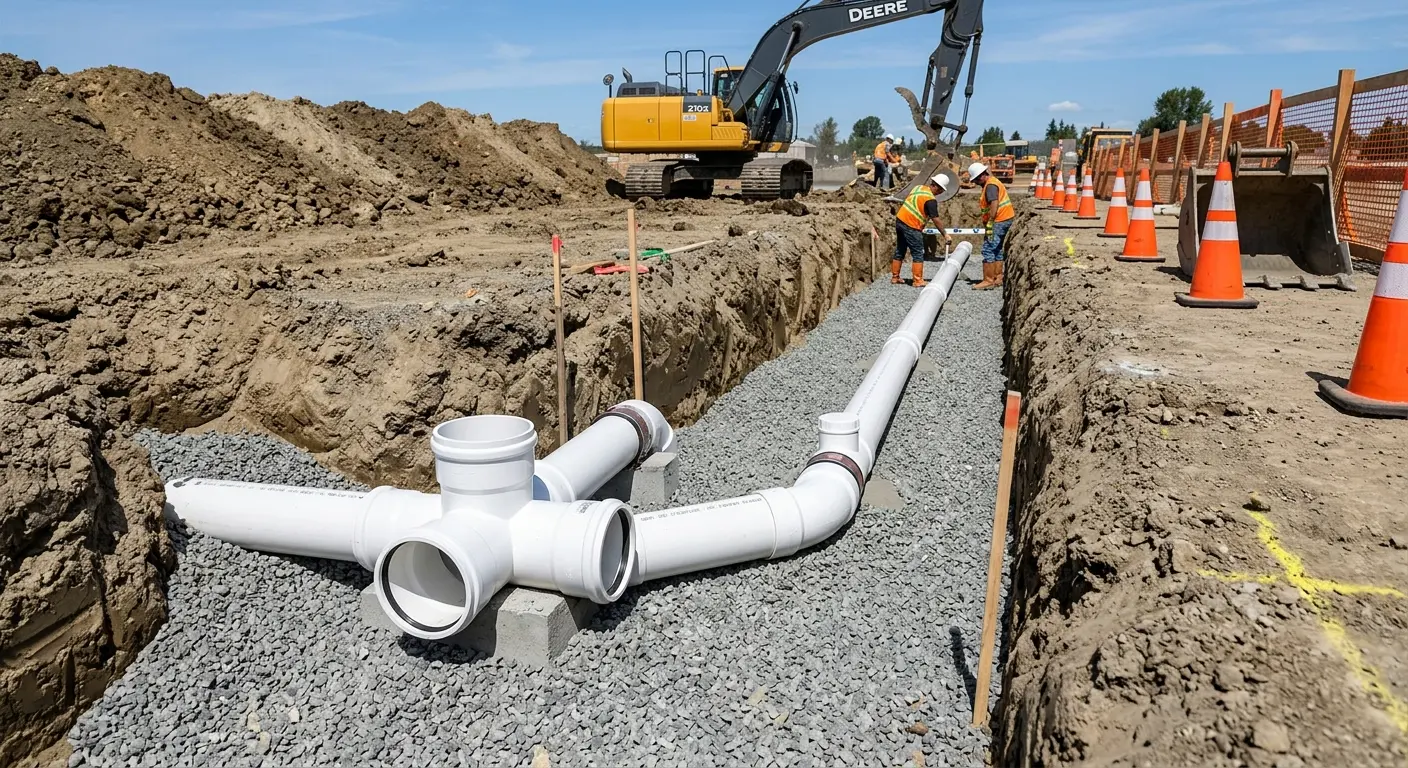 New PVC sewer pipe installation in open trench for Commercial Drain Cleaning in Brooksville