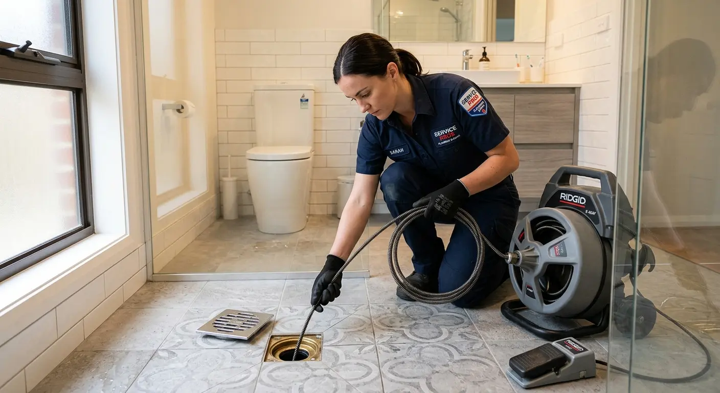 Technician clearing a bathroom floor drain for Drain Cleaning in Brooksville
